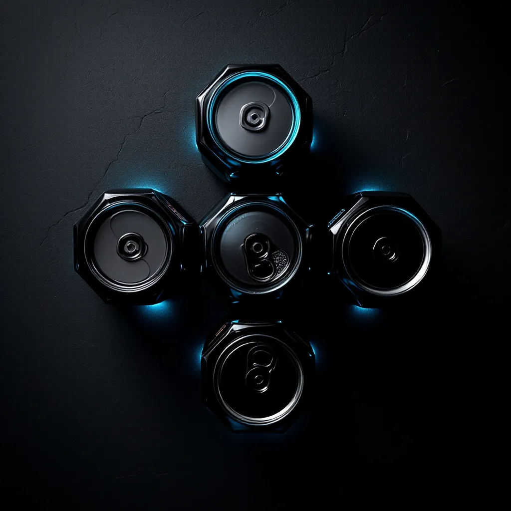 Overhead view of six black cold brew cans arranged in a hexagon on slate